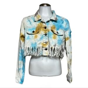 Tie-Dye Cropped Fringe Denim Jacket TAXI Medium Distressed Trucker Blue Yellow